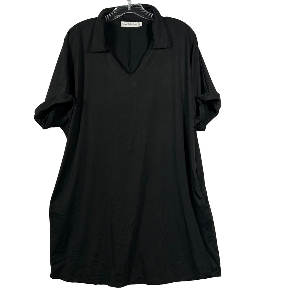 Grace + Emma Womens Large Black Short Sleeve V-Neck Collared Shift Dress Pockets